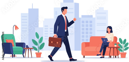 Business people in city office with furniture and plants