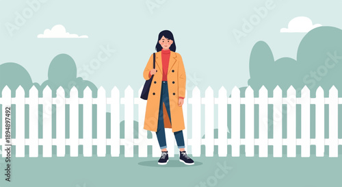 A woman in a yellow coat stands by a white picket fence outdoors