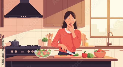 A woman in a coral sweater chops vegetables in a sunlit kitchen