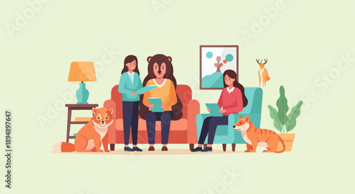 Anthropomorphic animals and people in a cozy living room setting, discussing documents