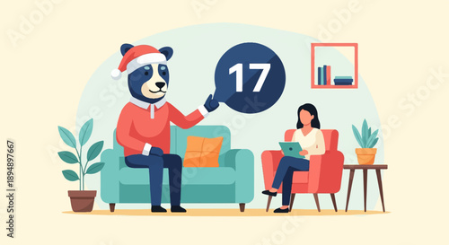 Anthropomorphic animal in festive hat shares number 17 with woman using laptop