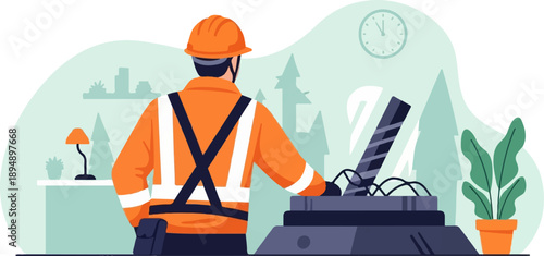 A worker in orange safety gear inspects equipment in an indoor, stylized setting