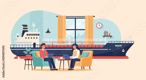 Business people working on laptops inside a docked ship's lounge with ocean view