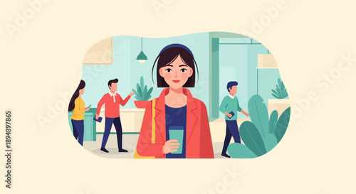 Animated diverse people with coffee cups and phones in modern office