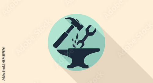 Blacksmith tools, anvil, hammer, wrench, sparks, shadow, circle