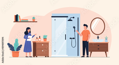 A woman holding papers and a man standing by a shower in a bathroom