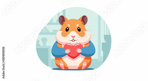 Adorable cartoon hamster in a blue shirt holding a red heart