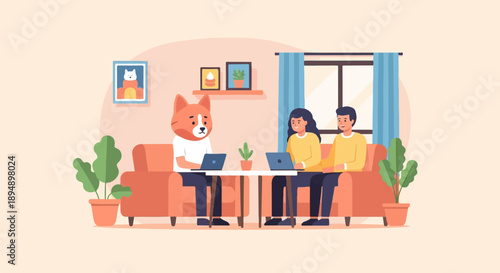 Animated characters with laptops in a cozy room