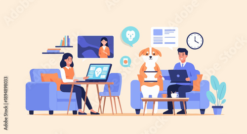 Animated characters, a dog and people, work on laptops in a cozy living room setting