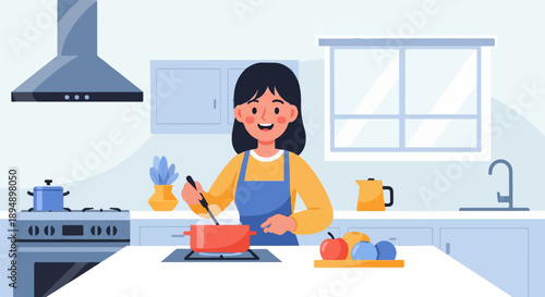 A woman happily cooks a meal in a modern kitchen with fruits nearby