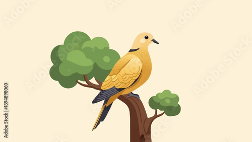 A yellow bird perches on a branch of a stylized tree