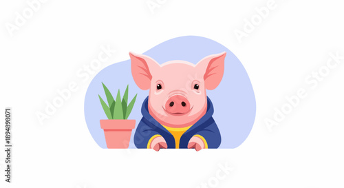 Adorable cartoon pig wearing a blue jacket and yellow shirt