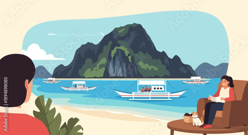 A woman enjoys a tropical island view from her comfortable armchair with a cat