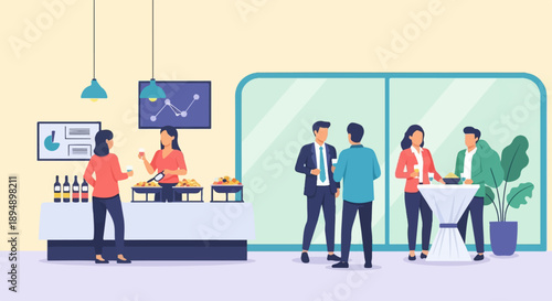 Business professionals mingle at a catered event with charts and drinks