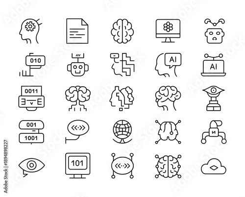 Collection of vector icons representing artificial intelligence and data processing concepts