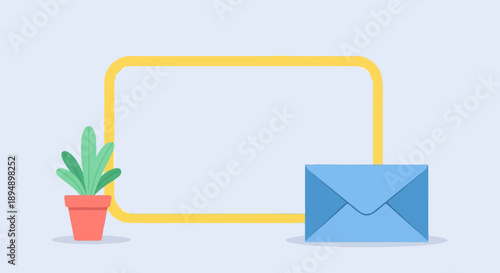 A yellow frame surrounds an empty space, with a potted plant and a blue envelope