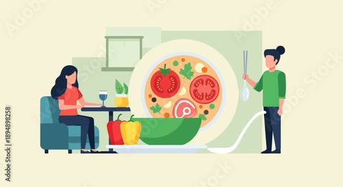 A woman dines while a person serves a hearty stew with vegetables and meat