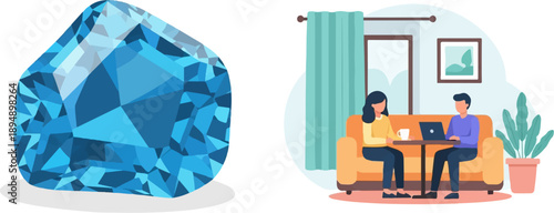 Blue gemstone next to people relaxing in a living room with laptop
