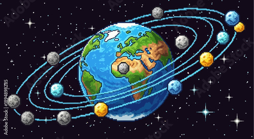 Pixelated illustration of Earth with orbiting moons, showcasing a celestial and planetary theme.