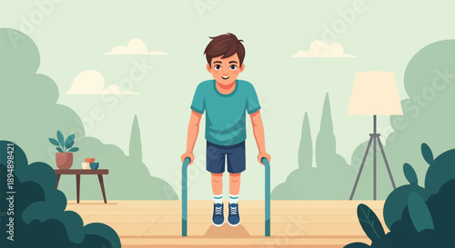 A young boy practices on parallel bars in a bright, outdoor setting