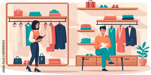 A woman browses clothes while a man reads on a bench in a store