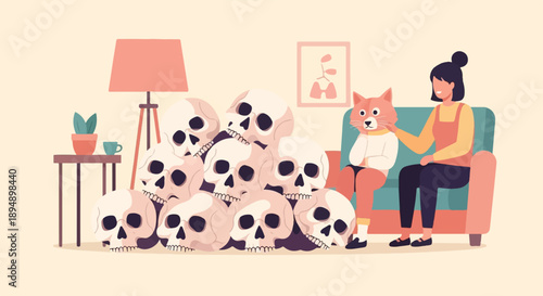 A woman consoles a worried cat beside a pile of skulls in a cozy room