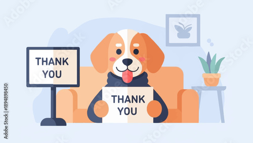 Adorable dog in a sweater sits on a couch holding a thank you sign