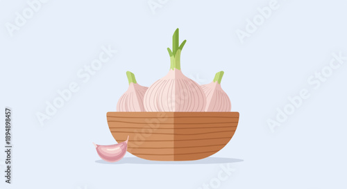 Bowl of garlic bulbs and a clove on a light blue background
