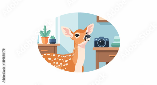 A young fawn looks curiously at a camera on a table in a room
