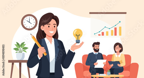 Business team discusses ideas around a table with charts and a clock