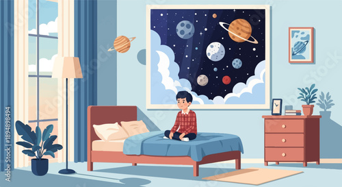 A young boy sits on a bed in a bedroom with a space-themed painting