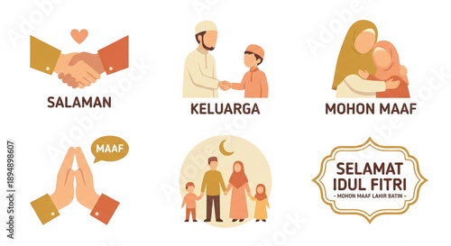 Eid greeting icon set, family members shaking hands