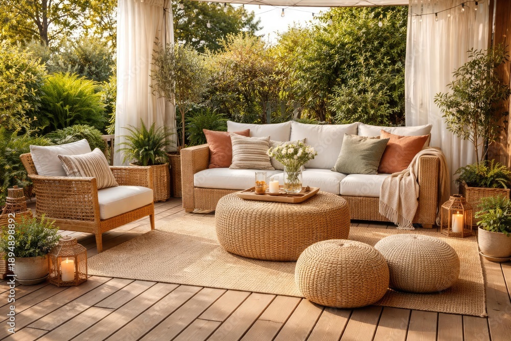 Fototapeta premium Wooden terrace backyard lounge with comfy sofa armchair and woven ottoman seating