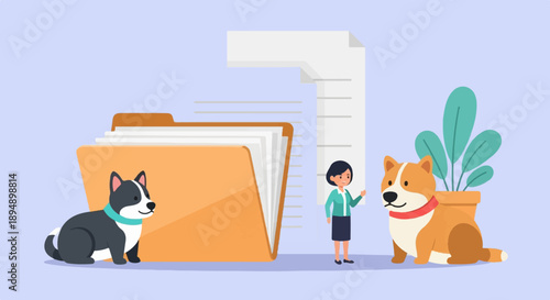 A woman and two dogs beside a large folder and plant