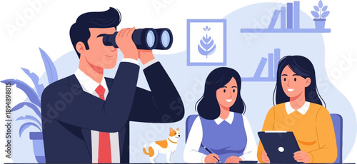 Business team strategizing with binoculars and tablet, a dog nearby