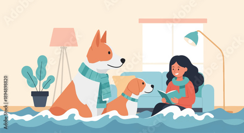 A woman and two dogs sit inside a flooded room, reading and staying warm