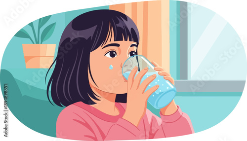 A young girl with dark hair drinks water from a glass indoors