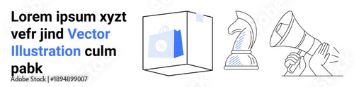 Business strategy, e-commerce, marketing, online shopping, strategic communication, and branding. Chess knight, shopping cart in a box and megaphone line art. Business strategy and e-commerce