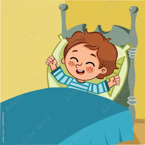 Cute Cartoon Boy Waking Up in Bed – Kids Morning Routine Illustration.Cute cartoon boy waking up in bed and stretching happily. Smiling child starting the day in the morning.