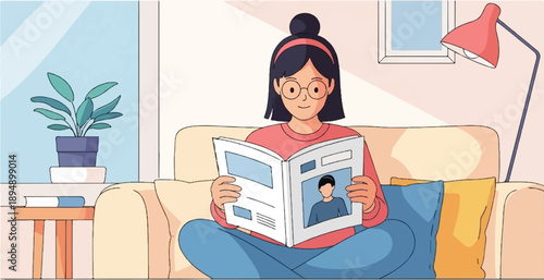 A young person relaxes indoors reading a magazine while sitting on a couch