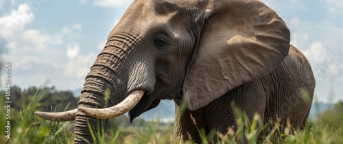 Profile image of African elephant (Loxodonta africana) feeding on grass in Hluhluwe Imfolozi game reserve, South Africa