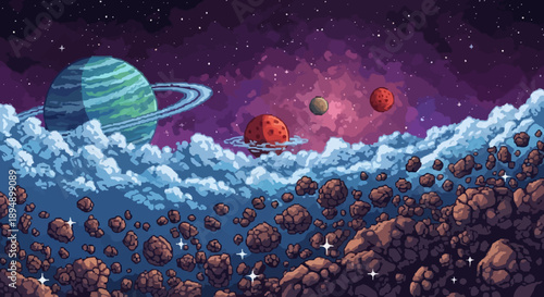 A vibrant planet with rings and asteroids floating in a starry space environment viewed from a fantastical landscape