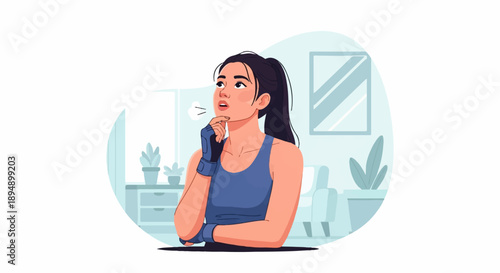 A young woman in athletic wear pauses in thought in a minimalist room