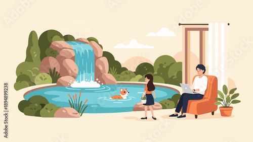 A woman and her dog enjoy a pond while a man works indoors