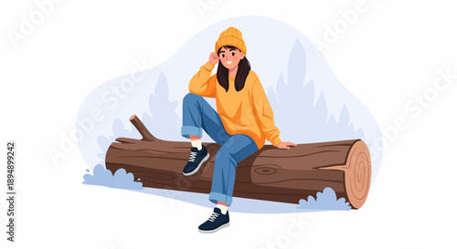 A young woman in winter attire sits on a large log in a snowy landscape