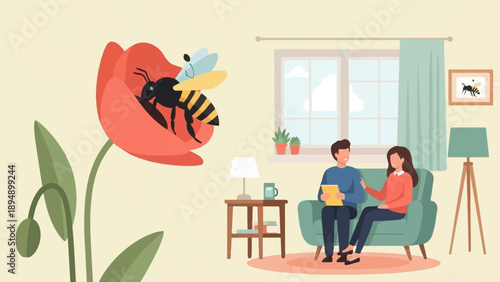 A woman and man converse indoors, a large poppy and bee bloom outdoors