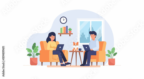 A woman and a man sit on orange chairs, working on laptops with a dog nearby