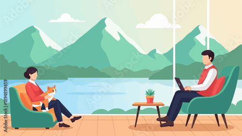 A woman and a man relax by a lake, with mountains in the background and a pet