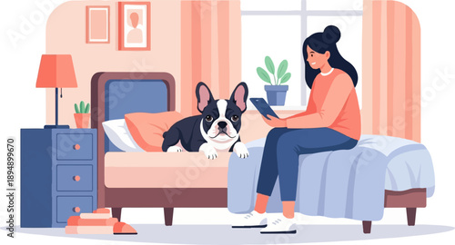 A woman and a dog relax in a bedroom, one using a digital device
