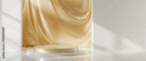 Gold-themed luxurious cloth on pedestal or empty podium with gold background, ideal for museum or gallery product display, rendering